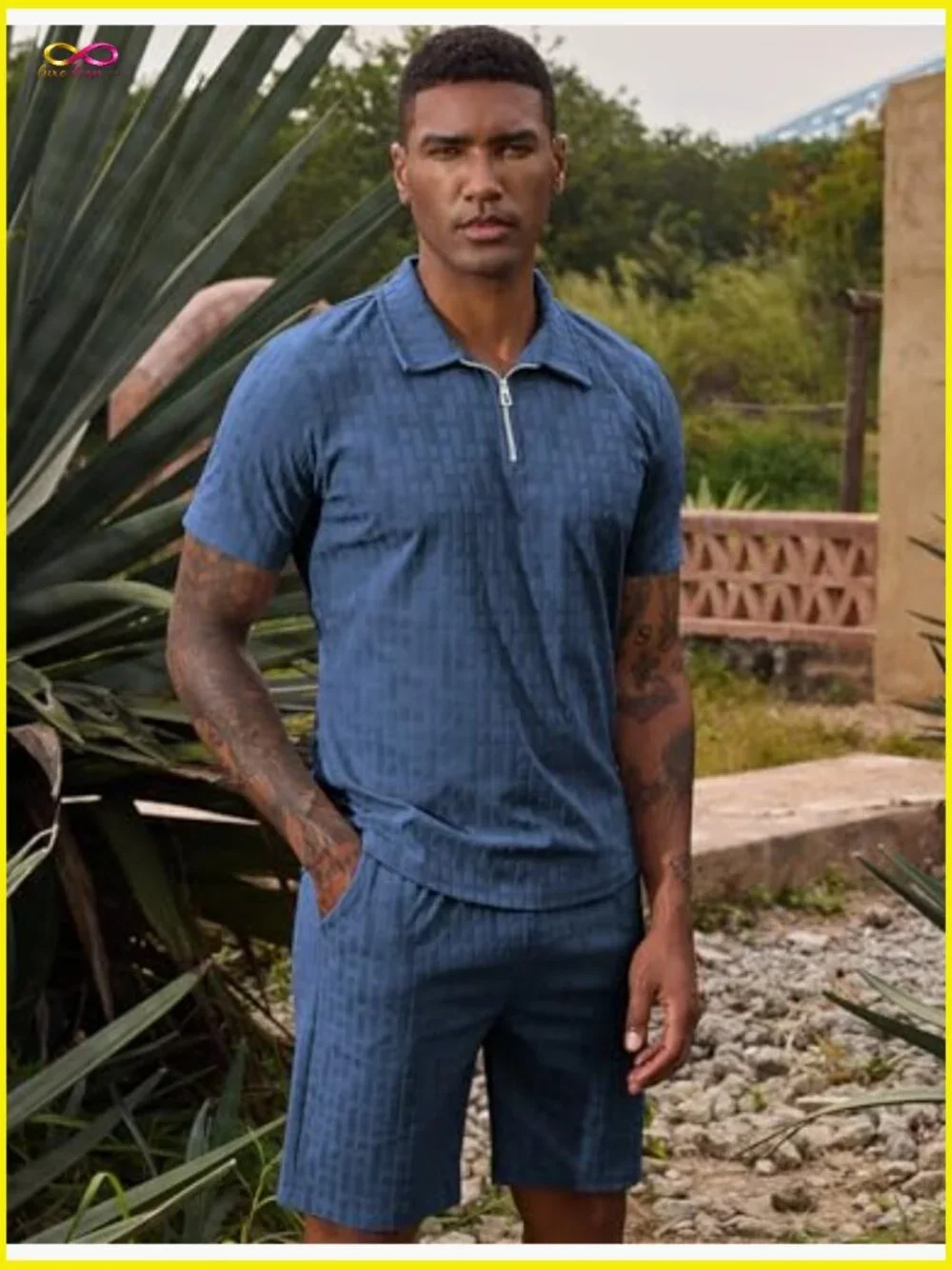 Mens Textured Polo Shirt and Shorts Set Casual 2 Piece Summer Outfits Quarter